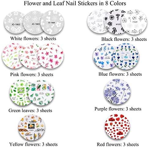 HiLiBoom 16 Листа 3D Стикери за нокти с цветя, самозалепващи се, Съдържат сини, розови, бели, черни, Червени, Лилави, жълти