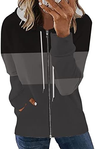 Жена Пуловер Качулки С Цветен Блокированием с Цип Hoody С качулка С Дълъг Ръкав И Тънък Джоб на Яке Сладки Качулки