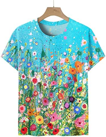 Тениска За Момичета, Памучен Тениска с къс ръкав, Деколте Лодка, Графична Рисувани Туш, Тениска С Флорални Принтом за Късна