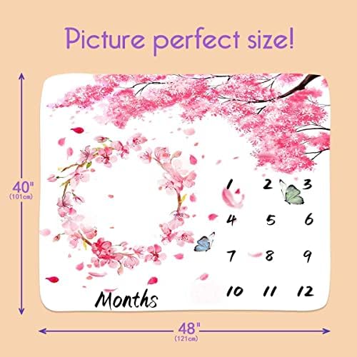 Одеало PHMOJEN Monthly Milestone за малко момиче, 48 x 40Розова Сакура, Венец от цветове на череша, Одеало с папийонка, на