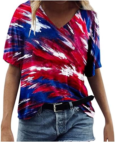 На 4 юли 2023, Женска Тениска с Принтом на Американското, Блуза с V-образно деколте и Къс ръкав, Тениски, Блузи, Ежедневни