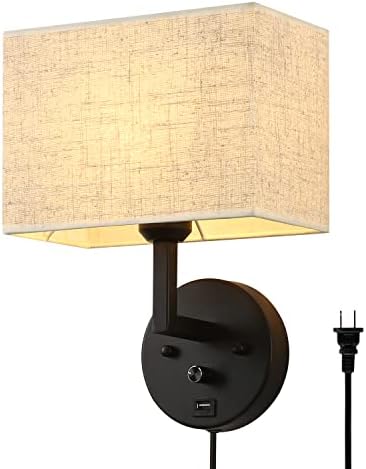 Plug стенен монтаж аплици с димер и USB-порт, 9,5 Правоъгълна лампа от плащаницата, Нощни монтиран на стената лампа с матово