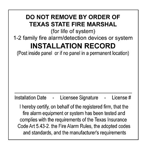 Етикети с печат на система за пожароизвестяване, Texas, изработени по поръчка - Карта за техническо обслужване