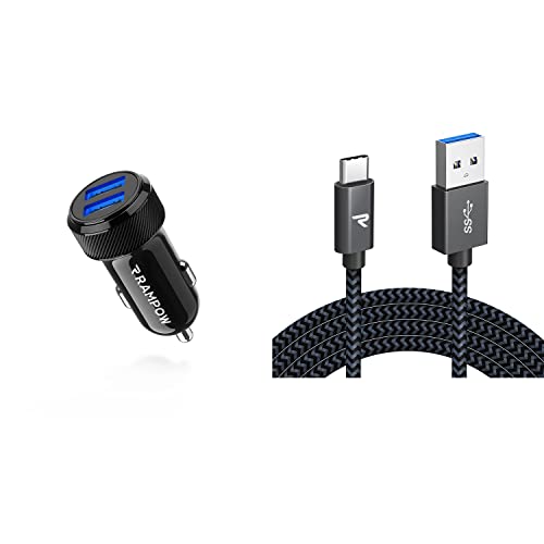 RAMPOW [зарядно за Кола с USB кабел C] 24 W / 12 4,8 А, двоен USB адаптер за запалка със сини led + бързо зареждане на 6,6