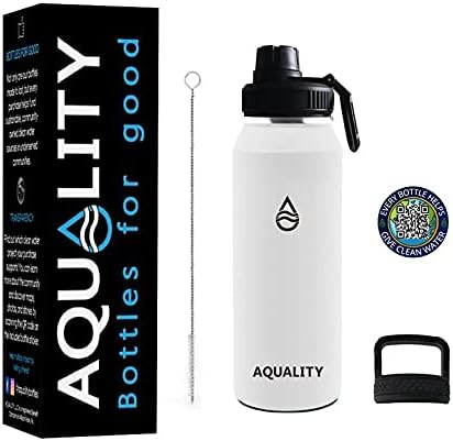 Бутилка за вода AQUALITY за еднократна употреба, изолирано от неръждаема стомана с двойни стени, с капаци, които не съдържат BPA (32 унции, перлено-бяла)