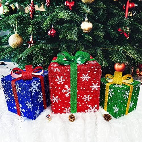 Коледна Украса, Подаръци Кутии с осветление, Комплект от 3 Подарък Кутии с Осветление, Коледна Украса, Предварително подсвеченные
