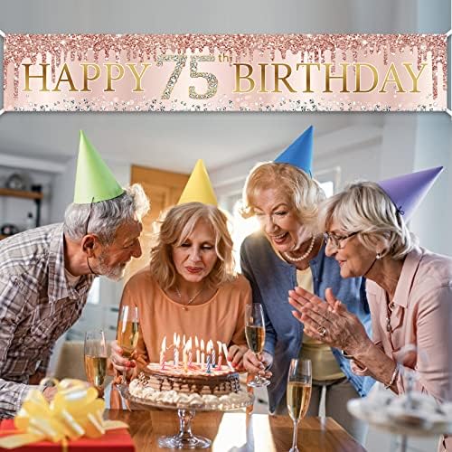 украса за банери на 75-ия рожден ден на жени, Розово Банер с надпис Happy 75 birthday Yard от розово Злато за партита, Голяма табела на 75-Годишен Рожден ден за външно помещение (9