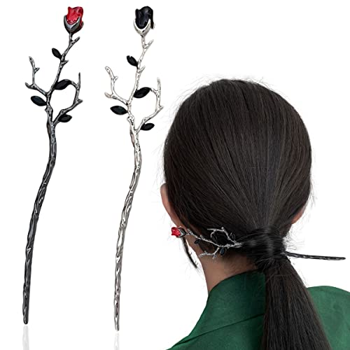 2 бр., метални пръчки за коса с рози, шнола с флорални кифли за жени и момичета, аксесоари за дълга коса
