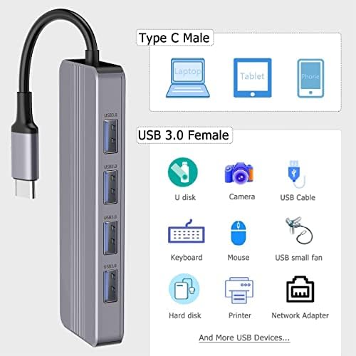 USB C-hub USB 3.0, 4 порта, многопортовый адаптер IVSHOWCO Ultra Slim Type C-hub A USB 3.0, Алуминиев удължител Type C за MacBook