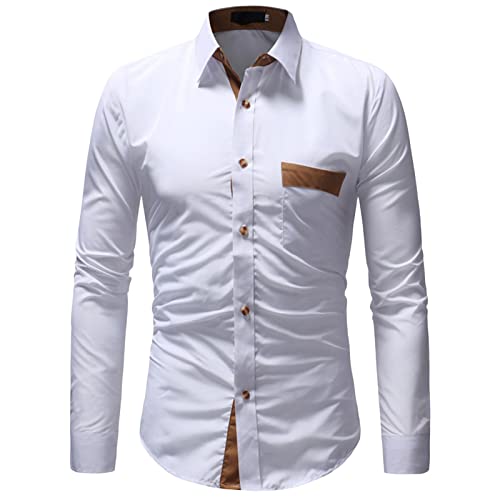 Мъжки Ежедневни Бизнес риза Regular Fit, Ризи с копчета, Лоскутные Приталенные ризи в западен стил с дълъг ръкав в стил Мозайка (White, X-Large)