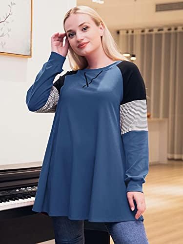 LARACE Плюс Размера на Върховете Жена Пуловер Hoody Тениска С Цветен Блок Туника С Дълъг Ръкав Раирана Риза Raglan