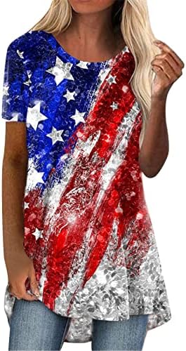 На 4 юли Дамски Ризи С Флага на сащ Лятна Тениска С къс ръкав и кръгло Деколте В Ивица със Звездите на Свободния Намаляване