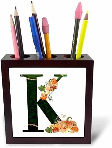 3. Поставка за химикалки Pretty Fall Flowers и Pumpkins с монограм Initial K - Tile (ph-370488-1)
