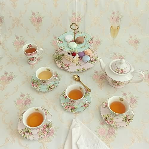 Комплект Чаени чаши и блюдец от Фин Порцелан PULCHRITUDIE, Розова Азалия, Златен Панел, Комплект от четири
