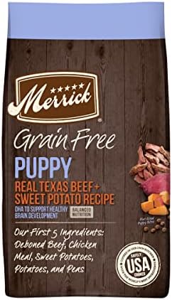 Суха храна за кучета Merrick Grain Free за кученца и мокра храна за малки кученца с пиле в опаковка