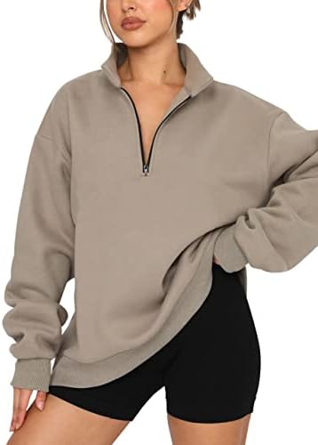 MISSACTIVER жени големи тримесечие на 1/4 цип качулки яка с ревери, дълги ръкави спад на рамото плътен пуловер