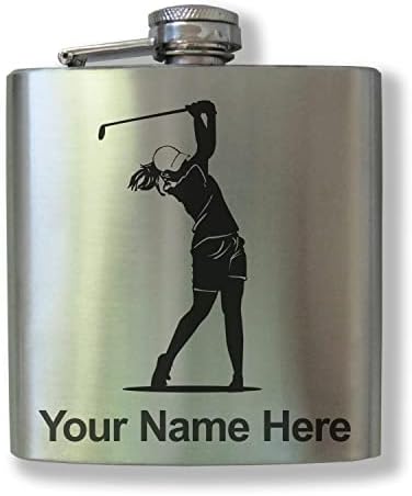 Фляжка от неръждаема стомана за 6 унции, жена-играч на голф, приложен индивидуална гравиране (покритие от неръждаема