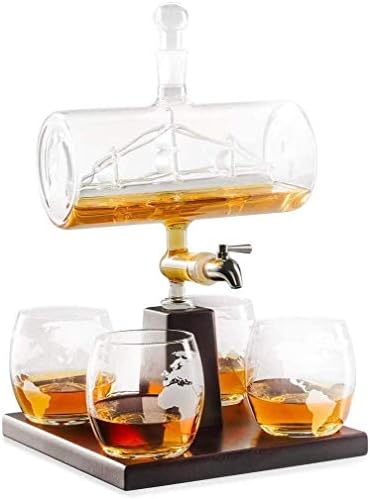 Набор от графинов за уиски whisky decantador с 4 чаши и подложки от дъб, Уникална Опаковка за уиски, ром и алкохолни напитки