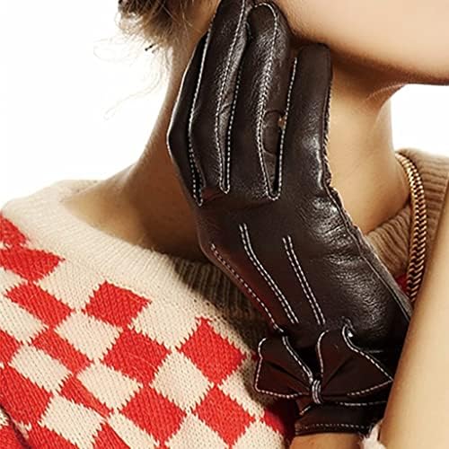 Кожени ръкавици с лък, Дамски Топли ръкавици, Дамски Зимни Ръкавици, Къси Дамски кожени ръкавици (Цвят: D, Размер: код L)
