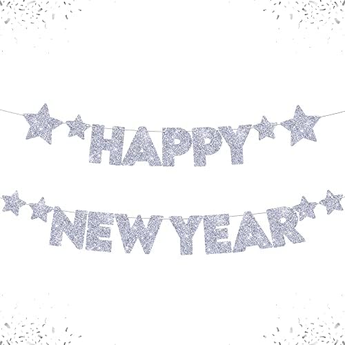 Сребърен Блестящ Банер честита Нова година - 10 метра | Сребърни топки честита Нова година, 16 инча | Сребърна Коледна Конфети 2023 | Знак честита Нова година за коледна у