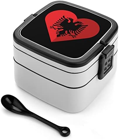 Кутия за Обяд с Плосък Сърце и Флага на Албания, Преносима Двупластова Кутия за Bento, Контейнер за Обяд с Голям Капацитет,