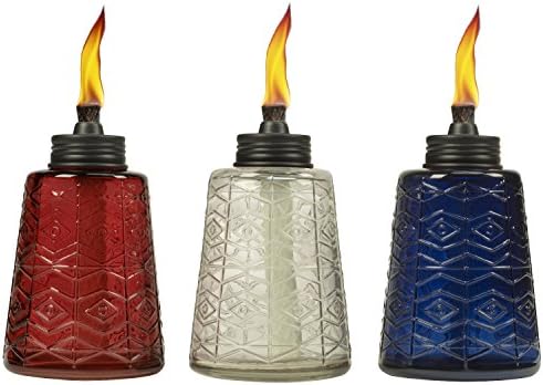 Факел от лят стъкло марка TIKI, Декоративна Настолна лампа за работа на открито на тревата, двор и градина, Бяло и синьо