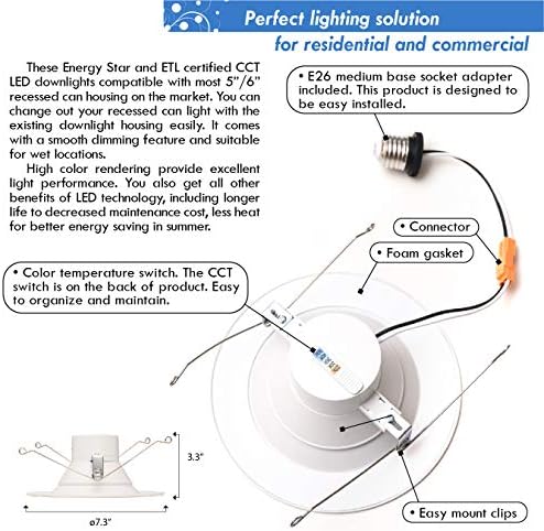 промяна led лампа mw 6 инча, 5 избирани цветови температури, с гладко покритие, 2700/3000/3500/4000/5000 K, с регулируема