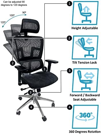 Ергономичен стол Ergomax с регулируема височина, от дишаща вкара тъкани за домашен офис, 53 инча Максимум, сиво