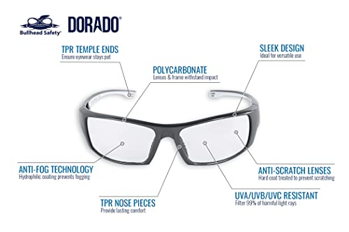 Защитни очила Bullhead Safety Dorado с прозрачни фарове за мъгла лещи, ANSI Z87 +, Защитни очила от поликарбонат с покритие срещу надраскване и защита от ултравиолетови лъчи, Проз