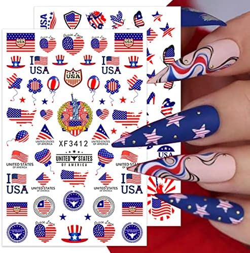 8 Листа Стикери за нокти 4 юли, Деня на Независимостта, Стикери за Дизайн на ноктите, 3D Самозалепващи Стикери за