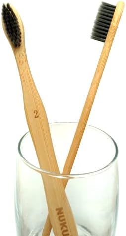 Бамбук четка за зъби NUKURA - четки от естествен бамбук, без BPA с мека четка, напоена с активен въглен - Дървени четки за зъби за чувствителни зъби и венци - Опаковани в ку