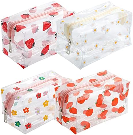 Tkocisa 4 Опаковки Прекрасни Цветя Косметичек за грим, Цвете Косметичка от PVC, Прозрачен джоб за Моливи, Малки Преносими