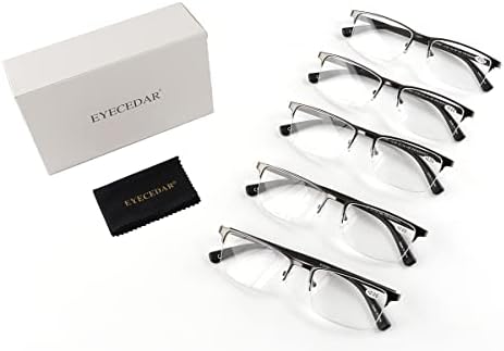 EYECEDAR 5-Pack Очила За Четене Мъжки Метални В Полукадровой Правоъгълна Рамка С Прозрачни Лещи От Неръждаема Стомана
