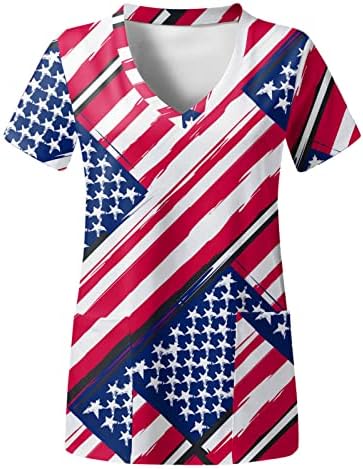 На 4 юли, Женска Тениска с Американския Флаг, Летни Тениски с Къс ръкав и V-образно деколте, 2 Джоба, Блузи, Празнична Ежедневни