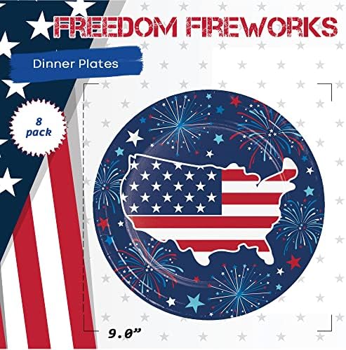 Набор от съдове за партита Freedom Fireworks с креативен и на работодателите - 16 Кърпички за закуска и напитки, 8 чинии