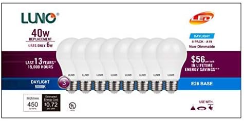 Led лампа LUNO A19 без регулиране на яркостта, 6,0 W (еквивалент на 40 Вата), 450 Лумена, 5000 К (дневна светлина), Средна база (E26), сертифициран от UL (8 броя в опаковка)