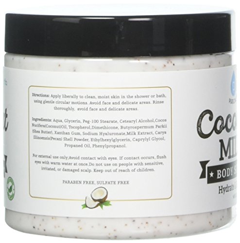 Скраб за тяло от кокосово мляко Pursonic, 14 грама, със сол от Мъртво море, бадемово масло и витамин е за всички