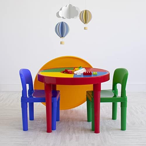 Humble Crew, Червени/Зелени/Сини Детски Пластмасови Строителни блокове 2 в 1, Комплект от маса за спорт и 2 Стола, кръгла, основни цветове