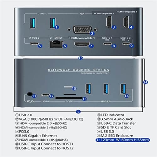 Докинг станция 14-в-1 USB C, аксесоари за КОМПЮТЪР, удължителен кабел, USB hub, Аксесоари за преносими компютри, слот Type-C SD/TF карта (Цвят: A, Размер: L: 123 мм, W: 60 мм H:58mm.14in1 )