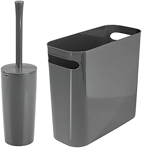 mDesign Комбиниран комплект от 2 теми - Тънката Пластмасова кофа за Боклук с вградени дръжки, четка за тоалетна и държач за съхранение и организация баня - Комплект от 2 ?