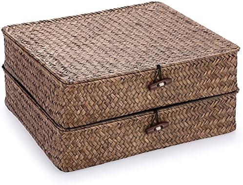 Hipiwe Комплект от 2 Плоски Плетени Кутии за съхранение с капак, Кошници от естествена морска Трева, Кутии, Правоъгълни