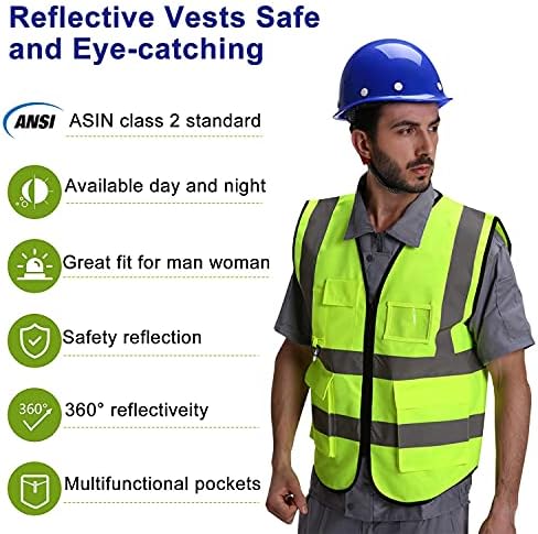Отразяваща жилетка за безопасност XAITE за мъже и жени - Жилетка повишена видимост с джобове с цип, строителен