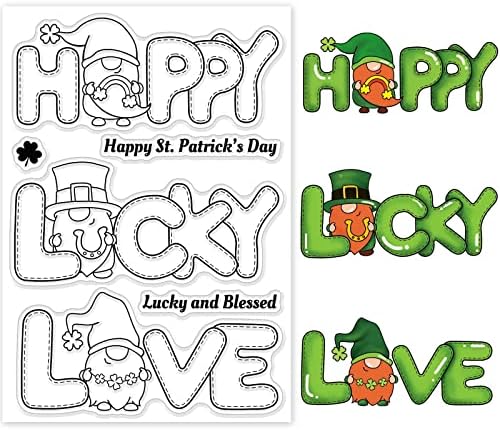 GLOBLAND Happy Лъки Love Прозрачни Печати Gnome Силиконови Печати Лъки Grass Гумени Прозрачни Гумени Уплътнителни Печати за Направата на Картички за Деня на Свети Патрик САМ Scrap