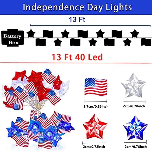 Празнични Гирлянди за украса на 4 юли, 13 фута 40 led, Червени, Бели Гирлянди със Звездите и американския флаг,
