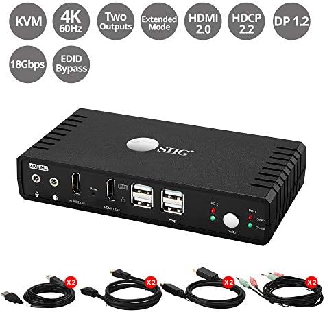 Двухмониторный KVM switch SIIG 4K, HDMI с две пристанища KVM с микрофон и аудио, двоен изход HDMI 4K60, вход HDMI 4K60 + DP на КОМПЮТЪРА, HDCP 2.2, порт USB 2.0 x4, кабели в комплекта, управление на ?