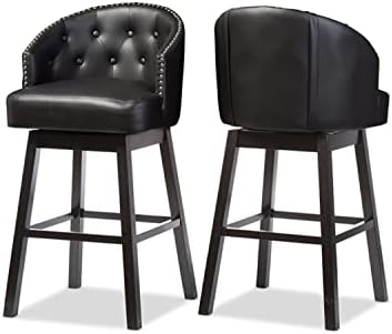 Модерен въртящ се бар стол Baxton Studio Avril от черна изкуствена кожа с хохолками и тапицерия от пирони