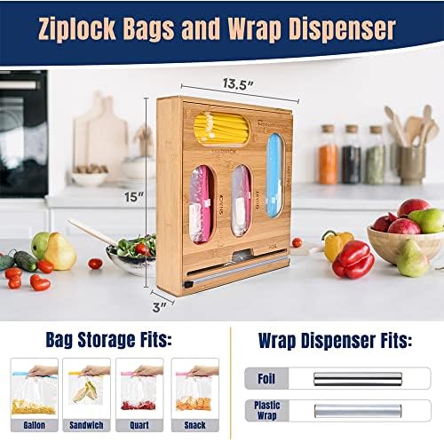 Органайзер за чанти с цип от естествен бамбук – Диспенсер за фолио 5 В 1 с организатора за чанти за съхранение на храни