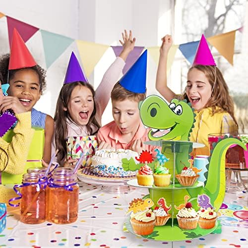 DTESL 3-Нива Поставка за Кифли с Динозавром, Декорации за Кексчета, Десерт Кула за парти в чест на рождения