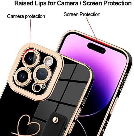 ZIYE е Съвместим с iPhone 14 Pro Max, Луксозен Гальванический калъф с лента, Златен калъф-броня със сърце, за Жени, Момичета,