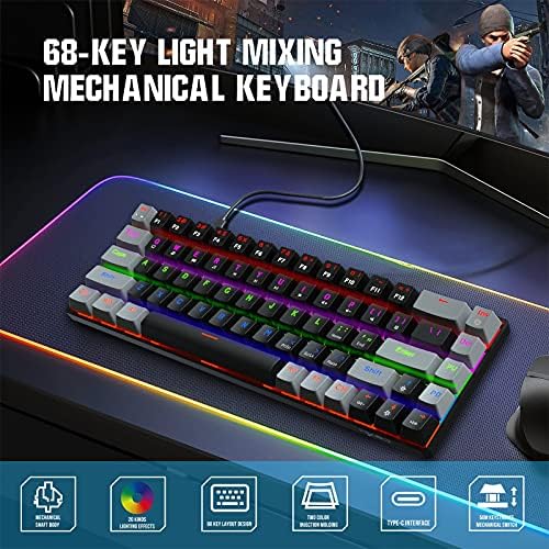 Механична клавиатура Delarsy 68 Клавиши Type-C Жичен RGB led подсветка Синьо/Червено Ос Gaming Мех Keyboard FV8